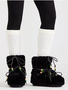 Steve Madden Black Faux-Fur Slipper Boots with Multicolor Beaded Laces